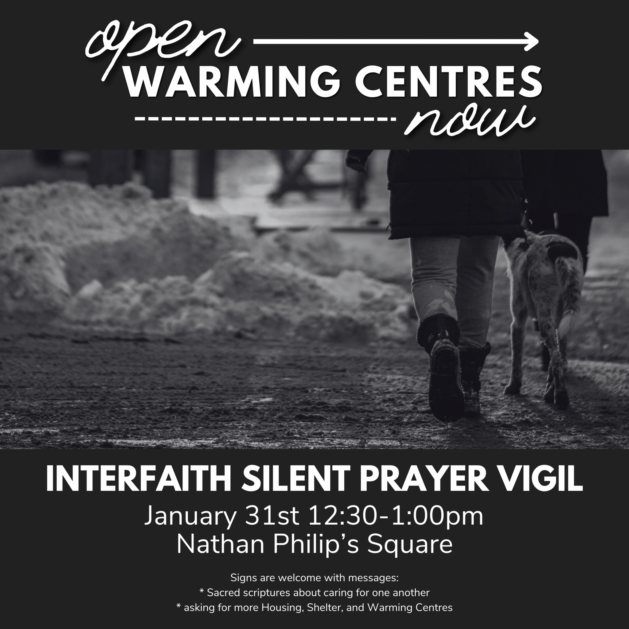 Image inviting people to attend a silent prayer vigil at Nathan Phillips Square, Tuesday, January 31st at 12:30pm.